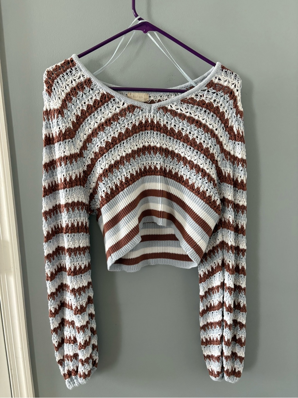 Altar'd State White & Brown Crochet Stripe Crop Top